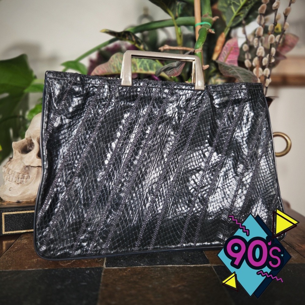 Vintage 90s Black Snakeskin Zigzag Stitch‎ Gold Metal Top Handle Patchwork Bag